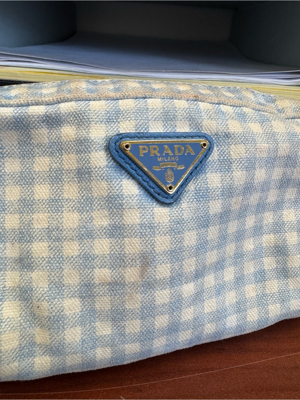 Prada Blue Gingham Cosmetic Pouch - Picture 2 of 8